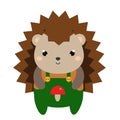 Cute hedgehog in green jumpsuit. Cartoon kawaii animal character. Vector illustration for kids and babies fashion