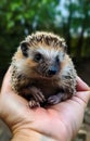Cute hedgehog in hands sitting. Small domestic animal holding in hands