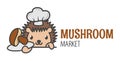 A cute Hedgehog is holding a mushroom . Logo for the mushroom  market. Funny icon with a Hedgehog Royalty Free Stock Photo