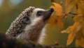 Cute hedgehog looking at tree, small mammal in autumn generated by AI