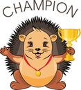 Cute hedgehog with a medal and a champion goblet