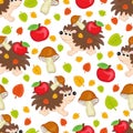 Cute hedgehog, multicolored apples and mushrooms seamless pattern, cartoon hand drawing, colorful autumn background. For design of Royalty Free Stock Photo