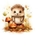 Cute hedgehog with mushrooms and autumn leaves. Watercolor cartoon illustration