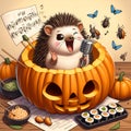 A cute hedgehog, opens the micro-sushi restaurant, inside a hollow pumpkin, for delighted inaect customers, cartoon