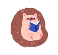 Cute hedgehog reading book. Funny baby animal, happy reader. Kawaii adorable forest character studying, learning