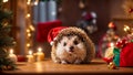 cute hedgehog in a Santa hat house banner cozy small friendly season celebrate