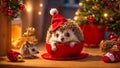 cute hedgehog in a Santa hat winter Christmas festive small friendly season celebrate