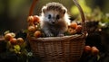Cute hedgehog sitting on grass, eating fruit in autumn forest generated by AI Royalty Free Stock Photo