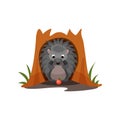 Cute hedgehog sitting in hollow of tree vector Illustration on a white background