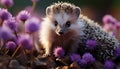 Cute hedgehog, small and fluffy, looking at camera outdoors generated by AI