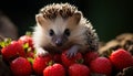 Cute hedgehog snout, looking at strawberry, outdoors in nature generated by AI