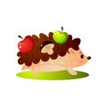 Cute hedgehog take green, red apple and mushroom Royalty Free Stock Photo