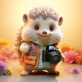 Cute hedgehog tourist in a vest smiles and holds a camera in his hands. Nice cartoon prickly animal porcupine realistic