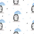 Cute hedgehog with umbrella seamless pattern. Nursery design, baby print