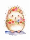 Cute hedgehog watercolor illustration with colorful flowers