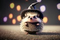 Cute hedgehog wearing witch hat in halloween night