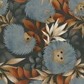 Cute hedgehogs in autumn leaves. Seamless pattern on a gray-green background. Funny animals and textured plants