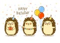 Cute hedgehogs border solated on white - cartoon characters for Your happy Birthday design