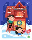 Cute hedgehogs prepare for Christmas, decorate house, send letter to Santa Claus. Single composition, winter scene in