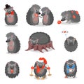 Cute hedgehogs set, sweet gray animals cartoon characters in different situations vector Illustration on a white Royalty Free Stock Photo