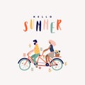 Cute hello summer illustration people on tandem bike.