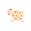 Cute hen isolated on white. Easter. Childish cute cock with floral ornament. Running chicken character funny