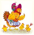 Cute hen walking with yellow chicken. Funny mom and three baby birds. Hen And Chicken Mom Baby. Happy mother`s day. Labor Day