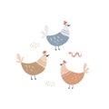 Cute hens and a worm in the barnyard. Hand drawn vector illustration for kids design