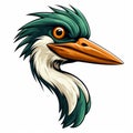 Cute Heron Head Cartoon Mascot Illustration In Emerald And Brown