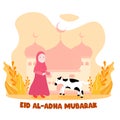 Cute hijab girl play with her cow. Islamic holiday eid al adha flat style illustration. Greeting card for muslim community