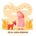 Cute hijab girl play with her goat. Islamic holiday eid al adha flat style illustration. Greeting card for muslim community