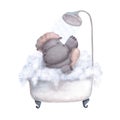 Cute hippo in the bathroom taking shower, watercolor illustration, children`s clipart with cartoon character