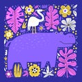 Cute hippo and bird flat vector illustration.