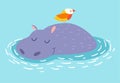 Cute hippo and bird on the water background.