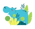 Cute hippo in bushes. Adorable African baby animal on nature cartoon vector illustration