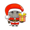 cute hippo wearing santa costume and giving christmas gifts, cartoon animal mascot in christmas costume