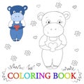 Cute hippo cartoon with heart illustration. Color and contour, coloring book