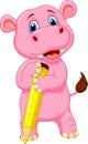 Cute hippo cartoon holding yellow pencil