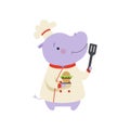 Cute hippo in chef uniform holding cupcake and spatula, cartoon animal character cooking vector Illustration on a white Royalty Free Stock Photo