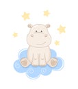 Adorable hippo sitting on a cloud and small stars, isolated on a white background Royalty Free Stock Photo