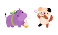 Cute Hippo and Dog Animal Congratulating with Birthday Holiday with Cupcake and Blowing Whistle Vector Set Royalty Free Stock Photo