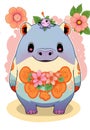 Cute hippo, fantasy flowers splash, citrus fruits