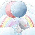 Cute hippo flying with balloon watercolor illustration Royalty Free Stock Photo