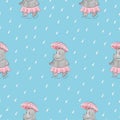 Cute Hippo girl with umbrella seamless pattern