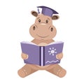 Cute hippo holds a book, reads, childrens vector illustration. Royalty Free Stock Photo