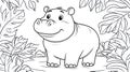 Cute Cartoon Hippopotamus Outline in Tropical Leaves - Coloring Page Royalty Free Stock Photo