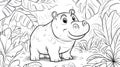 Cute Hippo in Jungle - Coloring Page Outline Royalty Free Stock Photo