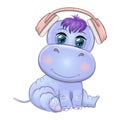 Cute hippo listening music with headphone. Cute animal cartoon illustration Royalty Free Stock Photo