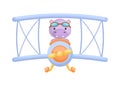 Cute hippo pilot wearing aviator goggles flying an airplane. Graphic element for childrens book, album, scrapbook, postcard,