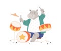 Cute hippo playing on drums. Happy animal musician performing music on drumkit. Funny hippopotamus sitting with